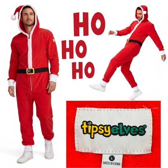 Tipsy Elves Men’s Santa Suit Jumpsuit Fur Size Large Holiday Christmas Pajamas - Picture 1 of 16